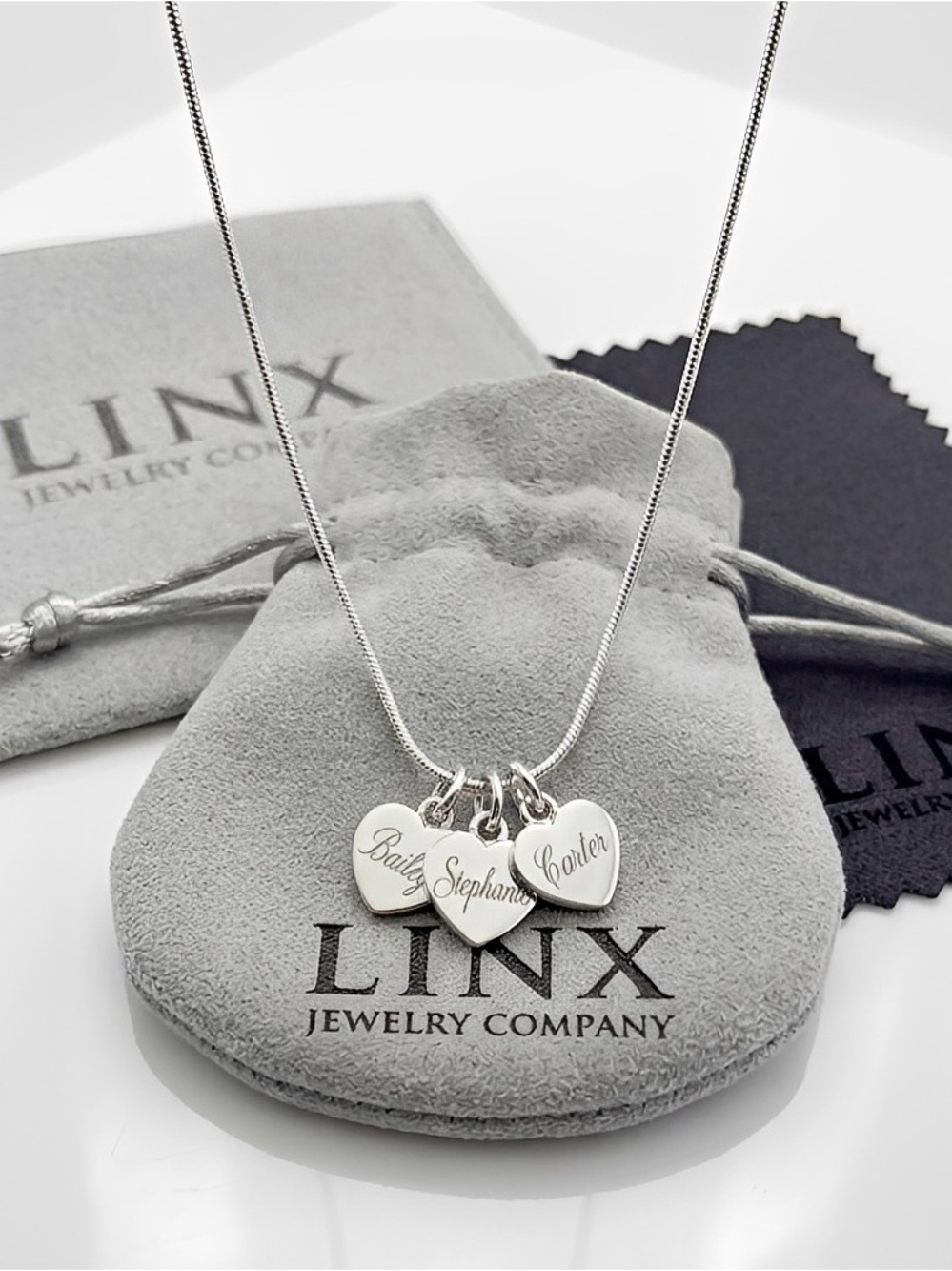 Personalized Name Heart Charms & 20in Sterling Silver Linx Snake Chain Necklace